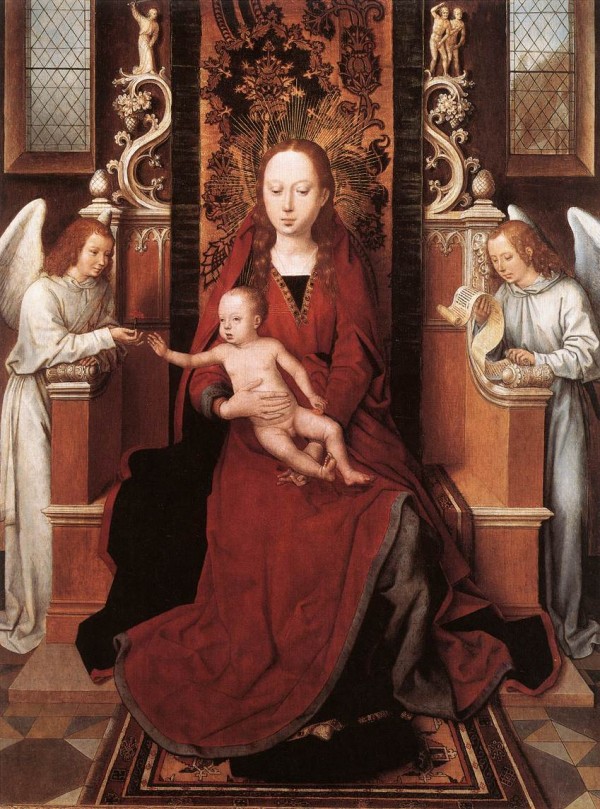 Virgin and Child enthroned with two Angels by Hans Memling